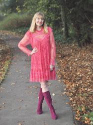 A Frivolous Dress With Burgundy Knee-High Boots