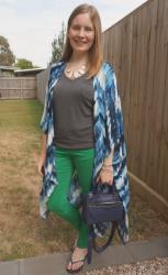 Navy and Green Kimono Outfits With Grey Tees And Micro Bedford Bag