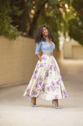 Fitted Denim Shirt + Floral Print Swing Skirt