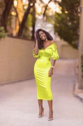 Chartreuse Midi Off Shoulder Dress