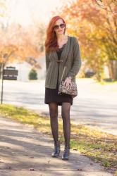 Soft Surroundings Olive Knit Cardigan with Black Tweed Skirt
