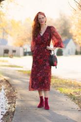 Turning Heads Tuesday – Holiday Look- Red floral Midi Dress with Velvet Booties