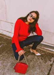 RED SWEATER AND BLUE JEANS - CASUAL  OUTFIT