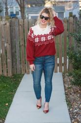 Christmas Sweater + Gold-toe Pumps.