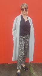 GREY COAT, PRINT PANTS, PATENT SHOES