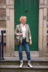 Green houndstooth blazer with boyfriend jeans