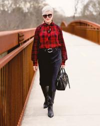 satin slip skirt and plaid blouse