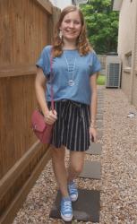 Weekday Wear Linkup: Navy Printed Culotte Shorts Again With Colourful Tees