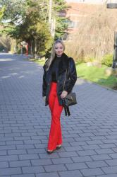 Valentine's Day Outfit Idea: Faux Fur Coat + Red High-Waist Pants