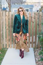 Anthro Wrap Dress + J.Crew Green Velvet Blazer.