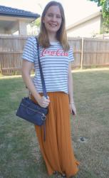 Thrifted Maxi Skirts And White Tees With Navy Micro Bedford Bag