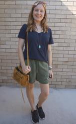 Navy, Olive and Mustard Shorts And Tee Outfits: Weekday Wear Link Up!