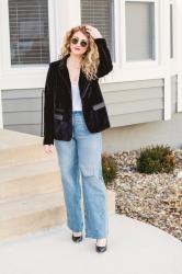 Another Velvet Blazer with Wide-Leg Jeans.