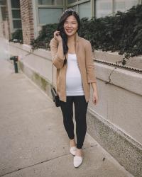 Camel sweater blazer + maternity leggings