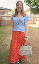 V-Neck Tees, Printed Maxi Skirts and Rebecca Minkoff MAM Bag: Weekday Wear Link Up