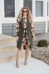 Olive Green Wool Vest + Floral Dress.