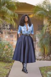 Ruffle Denim Shirt + Mesh Swing Skirt