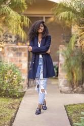 Navy Peacoat + Tank + Ripped Jeans