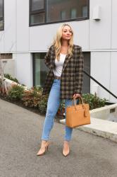 Transitional Style: Plaid Long Blazer + Neutral Accents