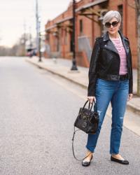 stripes, blue jeans and moto jacket