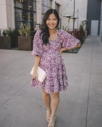 Purple Floral Dress with Puff Sleeves