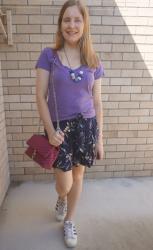Pink and Purple Tee Outfits With Navy Printed Culottes