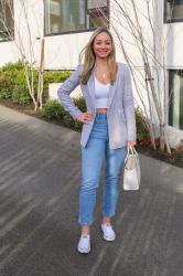 Spring Style: Blue Plaid Blazer + High-Waist Straight Leg Jeans 