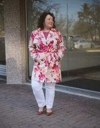 Floral Petite Raincoat with White Jeans