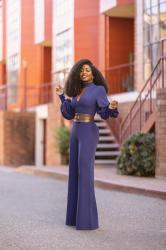 Navy Bishop Sleeve Jumpsuit