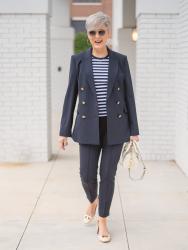 classic style breton tee, navy blazer, and navy pants