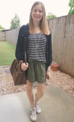 Olive And Black Striped Tanks and Shorts Outfits With LV Speedy Bandouliere