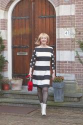 Black and white dress with stripes and polka dots