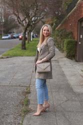 Spring Style: Plaid Long Blazer + Straight Leg Jeans + YSL Medium Envelope Bag