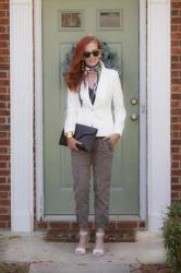 Turning Heads Linkup- Dressing Up Cargo Pants with a Blazer and Spring Scarf