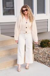 Blush Cardigan + Cream Culottes.