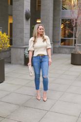 Spring Style: Puffed Sleeve Knit Top + Gold Layered Necklaces