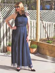 The Coast “All Over Pleated Maxi Dress” in Navy