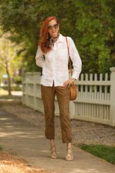 Caite and Kyla- Delilah Linen Shirt Styled With Cargos
