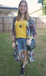 Weekday Wear Link Up: Blue and Yellow Tanks, Denim Shorts and Kimono Outfits