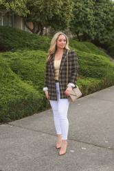 Spring Style: Plaid Long Blazer + White Jeans