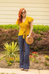 JBrand Lovestory Flare Jean with Mustard Yellow Blouse