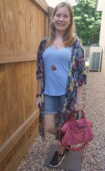 Blue V-Neck Tees, Denim Shorts, Navy Kimonos and Sorbet Pink Balenciaga City Bag