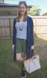 Shorts, Cardigan, And Louis Vuitton Neverfull Tote Bag