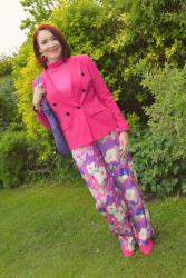 Floral Print Wide Leg Trousers and Hot Pink Jacket + Style With a Smile Link Up