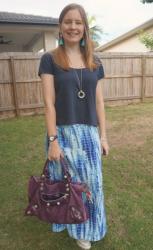 Monochromatic Blue Outfits With Printed Maxi Skirts and Purple Balenciaga Work Bag