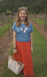 Blue and Red: Printed Maxi Skirt Outfits With Louis Vuitton Neverfull | Weekday Wear Link Up