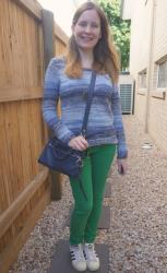 Blue Knits With Different Shades Of Green and Rebecca Minkoff Micro Bedford Bag