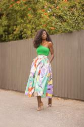 One Shoulder Tank + Multi-Color Skirt