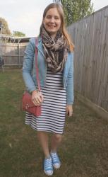 Striped Tee Dresses With Snoods and Denim Jackets: Weekday Wear Link Up