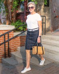 back to basics white tee and denim skirt